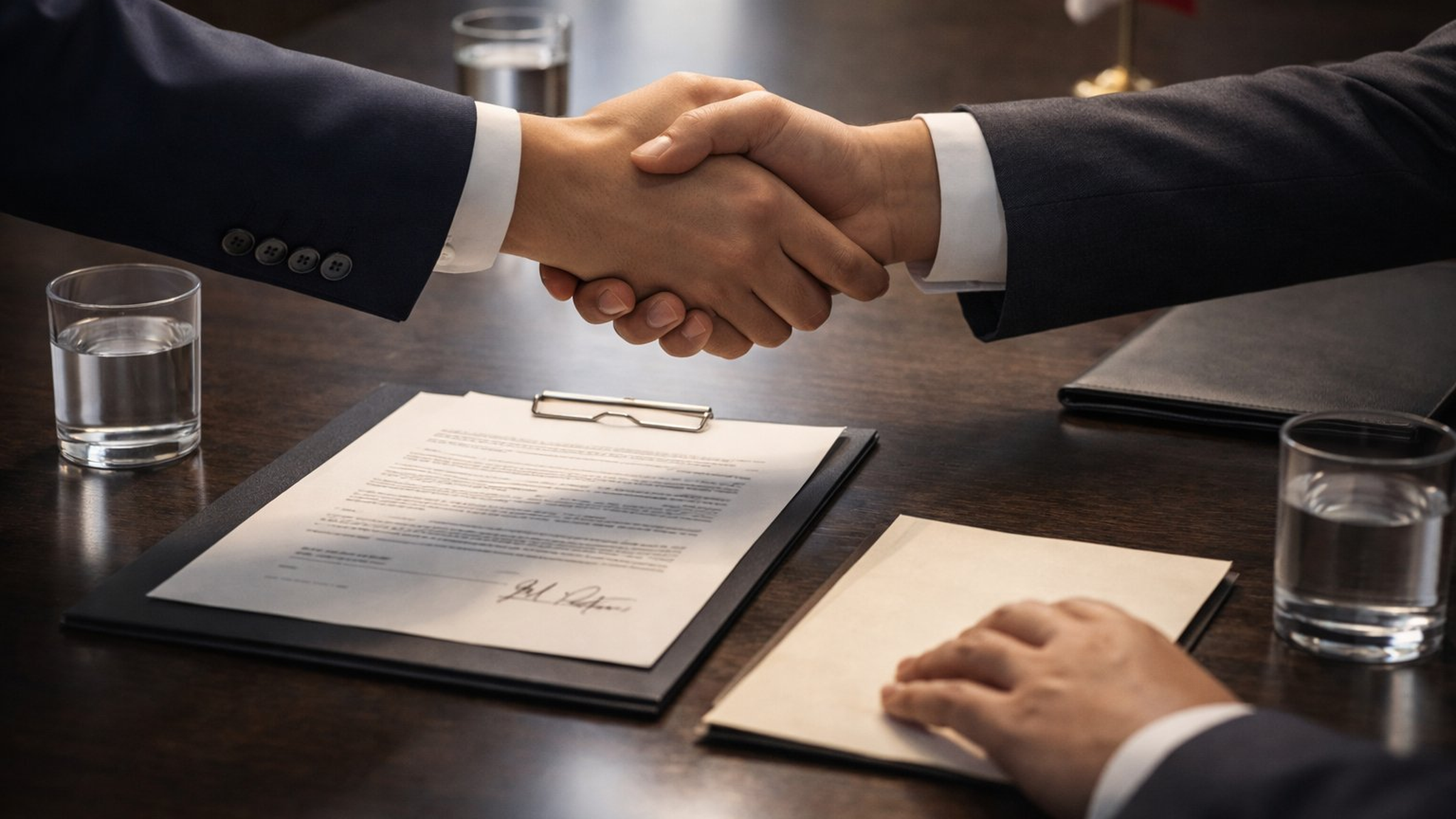 Editorial illustration of a formal agreement signing on a dark conference table, with a handshake over signed documents and a second document being slid across the table partially out of frame