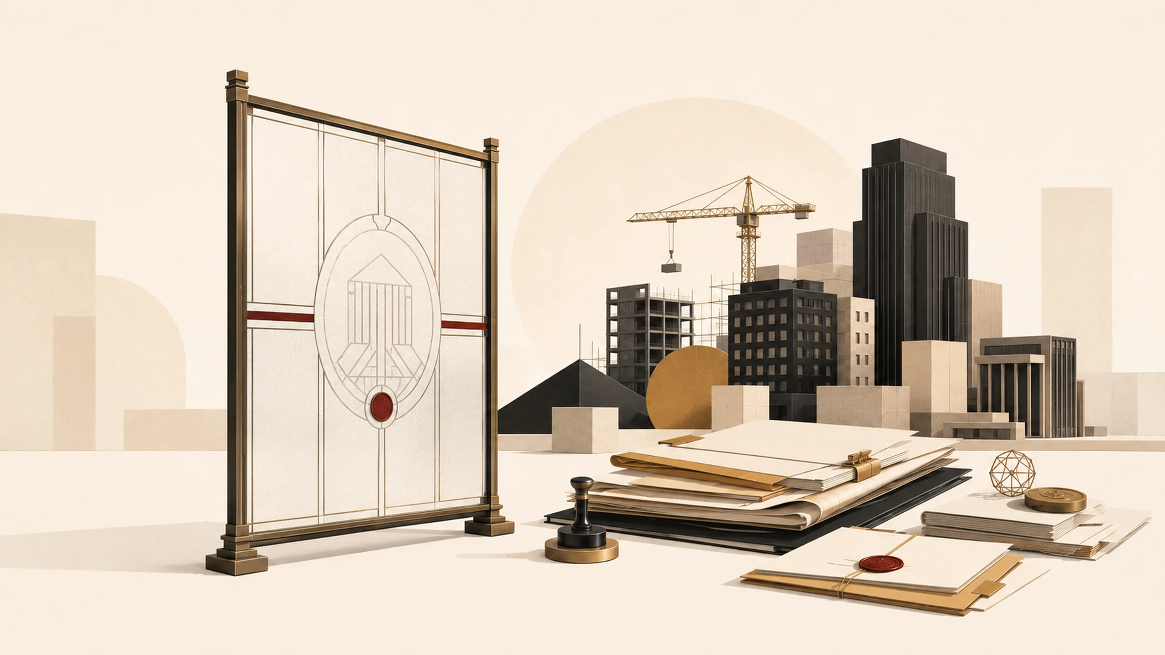 An editorial illustration of a formal translucent glass partition standing in an institutional space, with official documents and construction buildings visible on the same side, the screen separating nothing