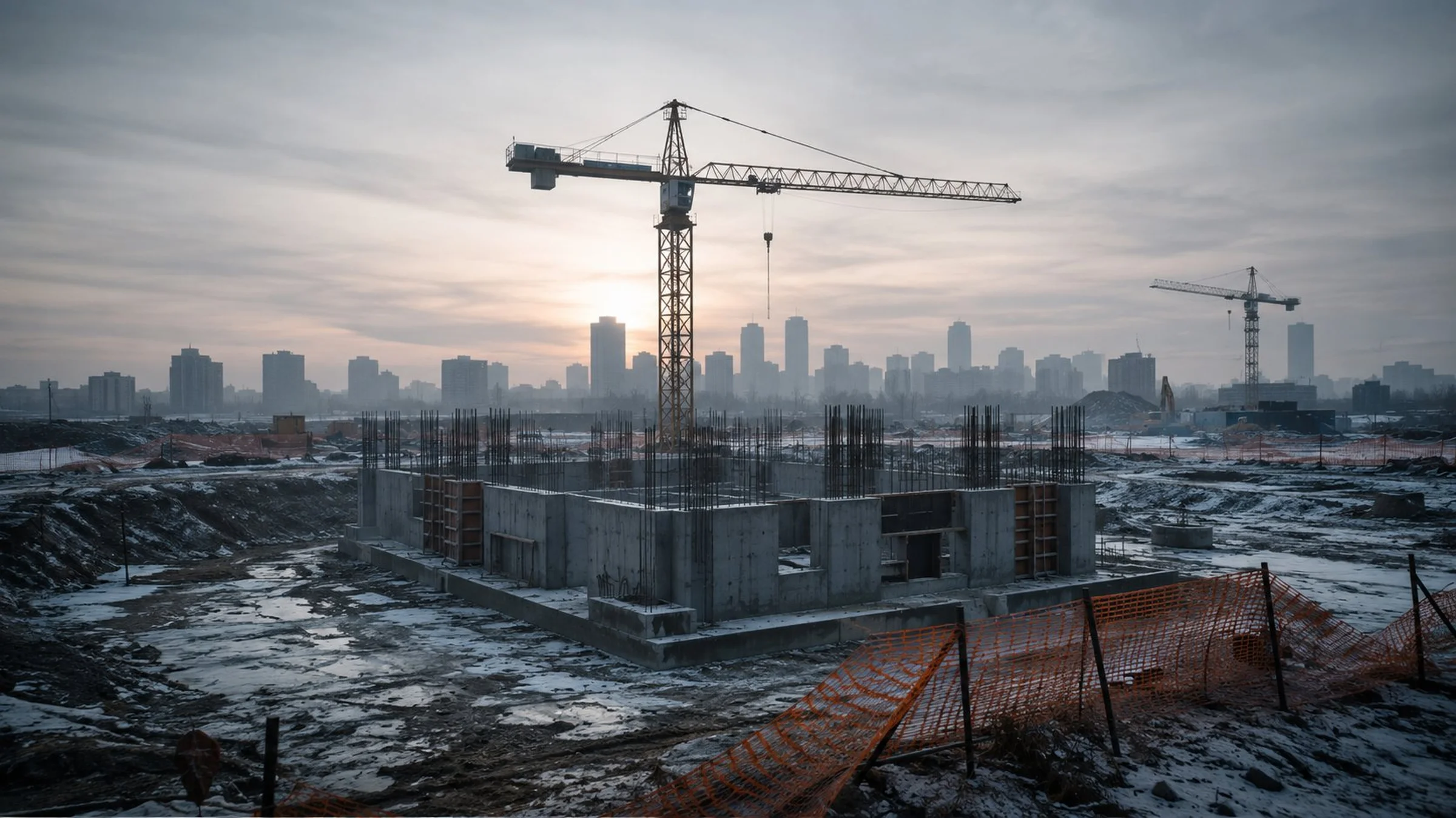 An illustration of a vise grip tightening around a Canadian dollar coin, with construction cranes standing idle in the background
