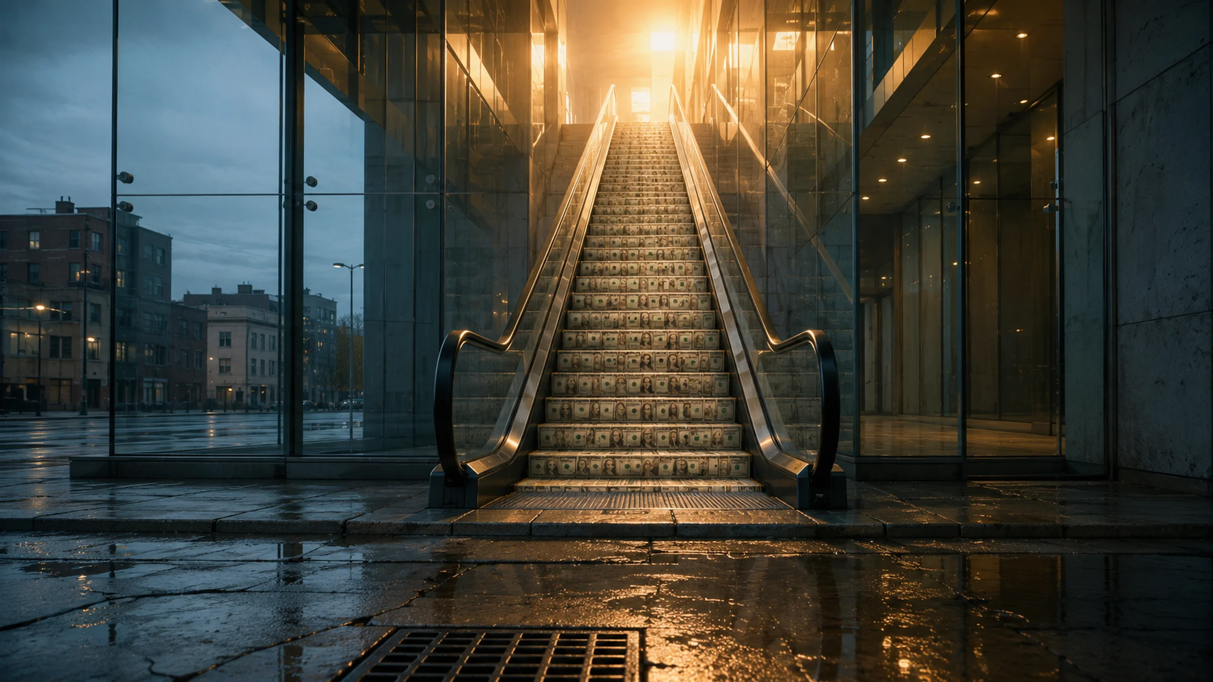 A glass-walled office tower lobby at dawn with an escalator made of currency bills rising from wet concrete into warm golden light above, rain puddles reflecting on the street below