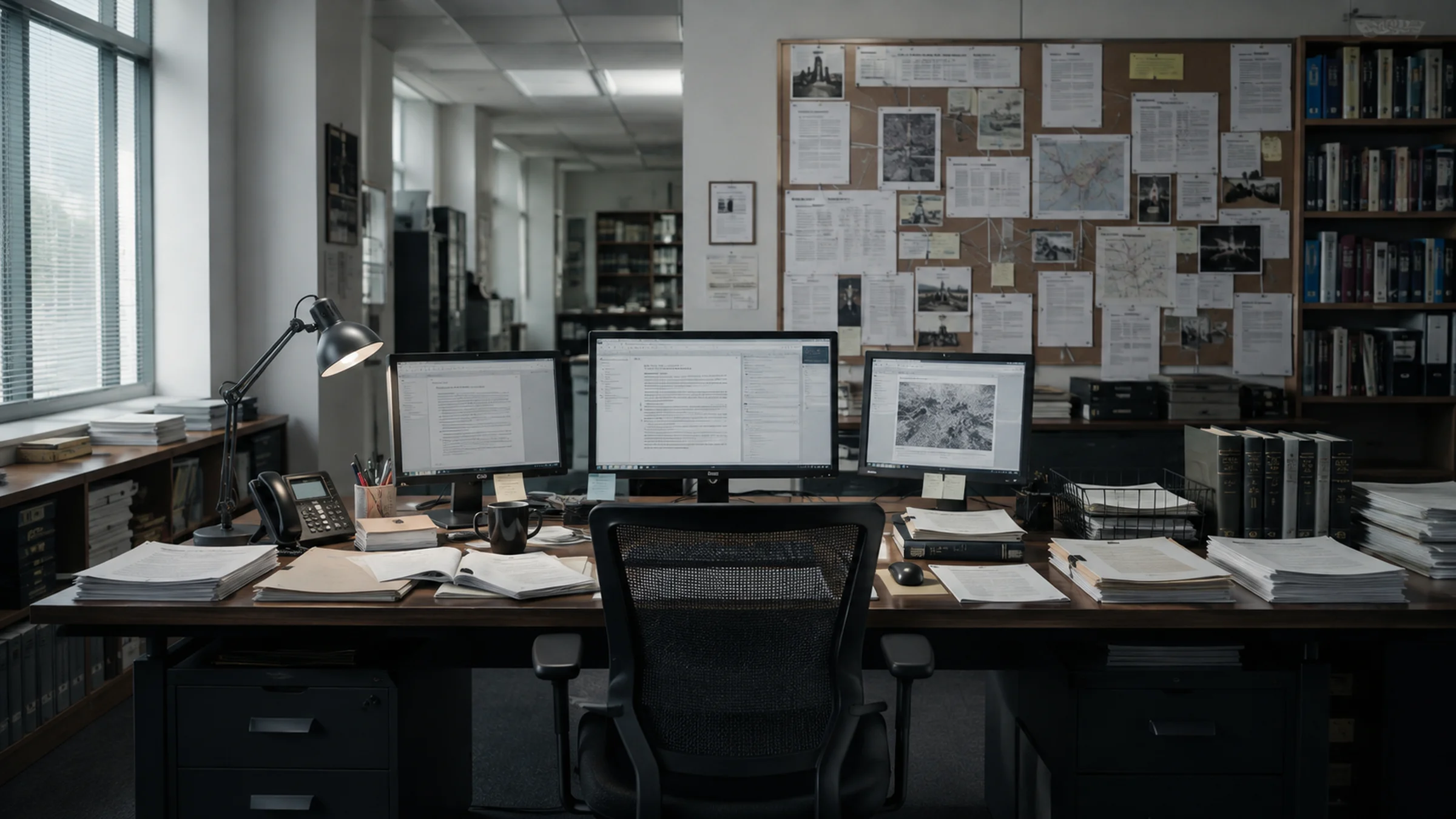 A desk with three monitors showing article drafts and research documents, surrounded by stacked papers and a reference board with pinned clippings, in an editorial workspace under subdued overhead and desk lamp lighting.