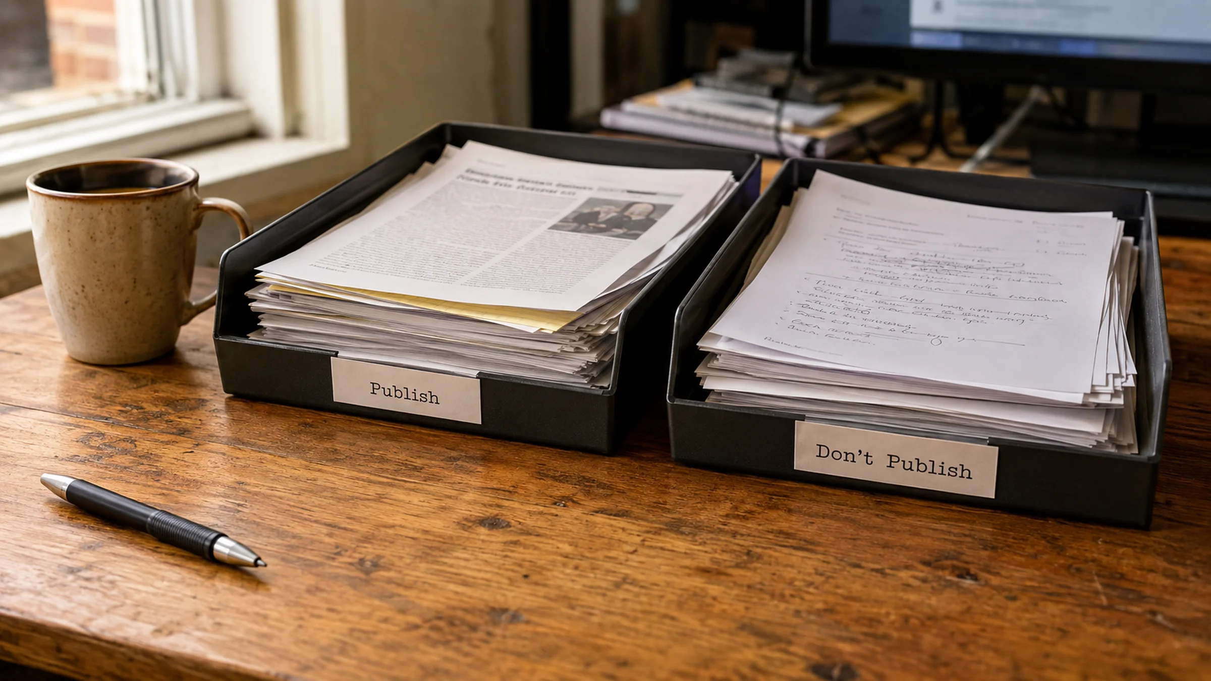 An editorial desk with two paper trays labeled Publish and Don&rsquo;t Publish, warm natural light