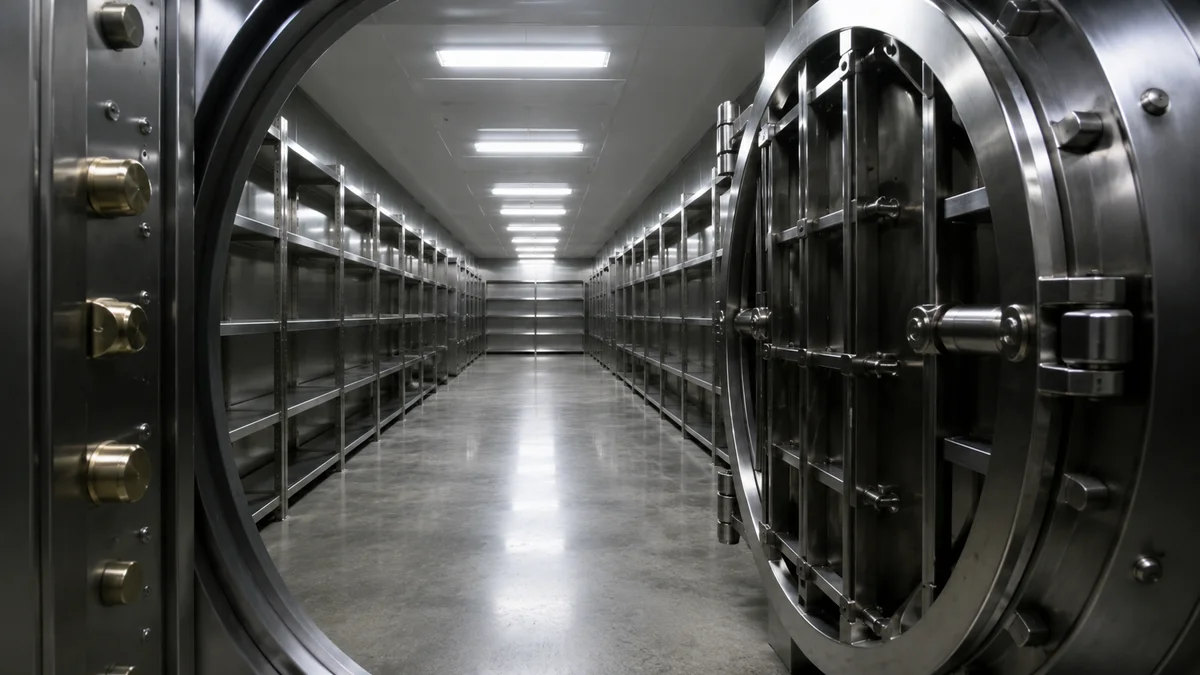An open bank vault with its heavy steel door swung wide, revealing rows of empty steel shelves under fluorescent light