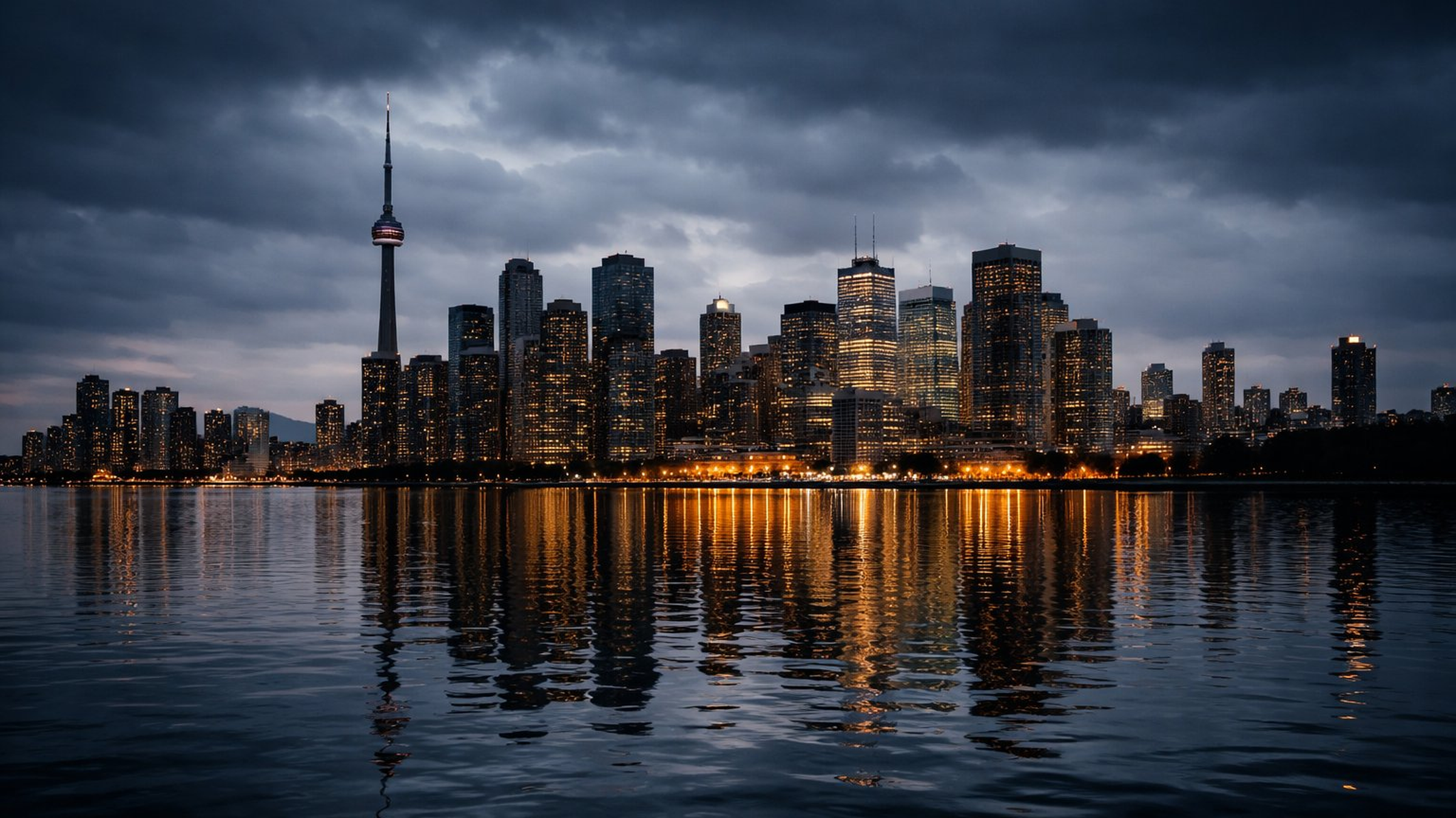 Toronto financial district skyline at dusk under heavy overcast sky, warm city lights reflected in dark unsettled water