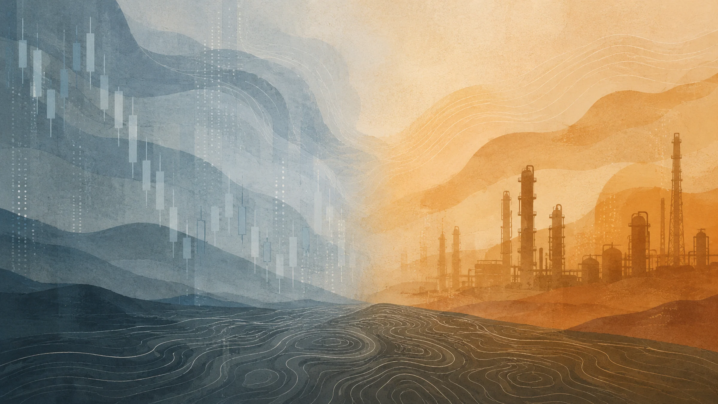 Stylized illustration of diverging oil market signals — a futures trading screen trending downward on one side and burning refinery infrastructure on the other, with a Canadian landscape caught between them